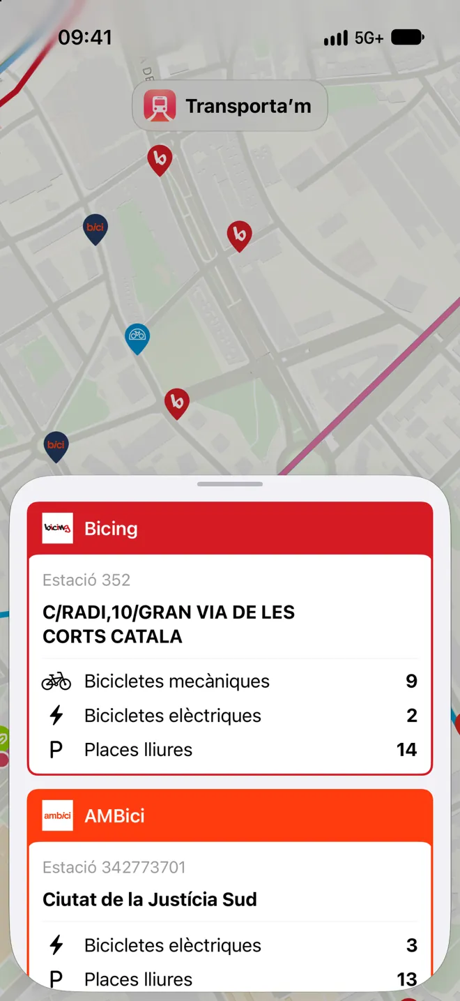 Pantalla de Bicis compartides a Transporta’m