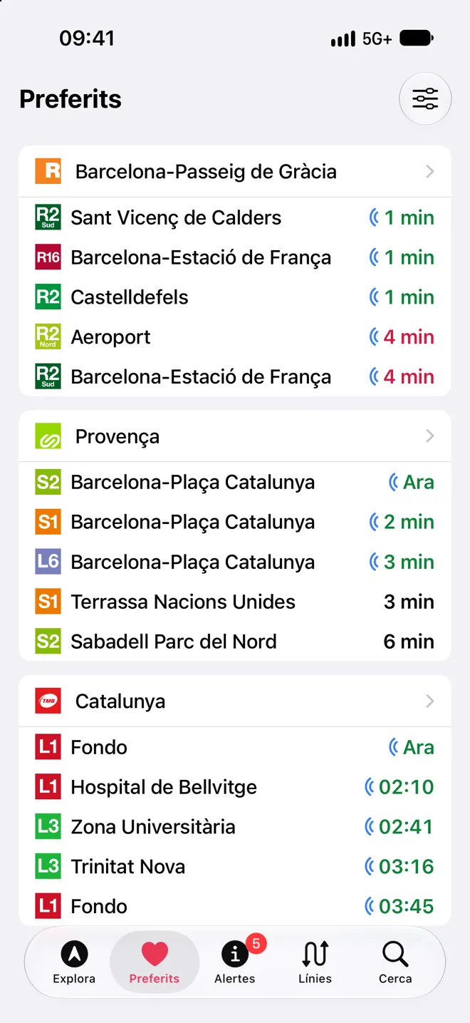 Pantalla de Les teves parades, a punt a Transporta’m